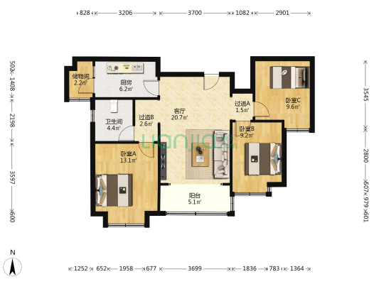 恒大林溪郡 3室1厅1卫 108平方
