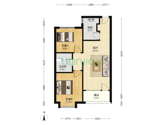 孔雀城七区 2室1厅1卫 83平方