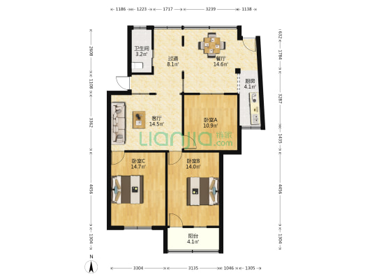 国土宿舍 3室2厅1卫 107平方