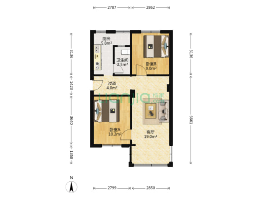 广州市第三机床厂宿舍 2室1厅1卫 54平方