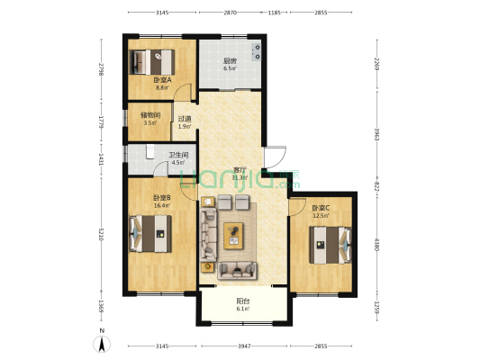 碧桂园星钻 3室1厅1卫 125平方