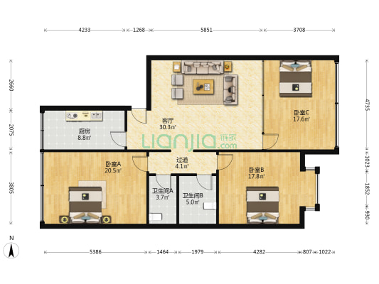 蓑草路52号 3室1厅2卫 125平方