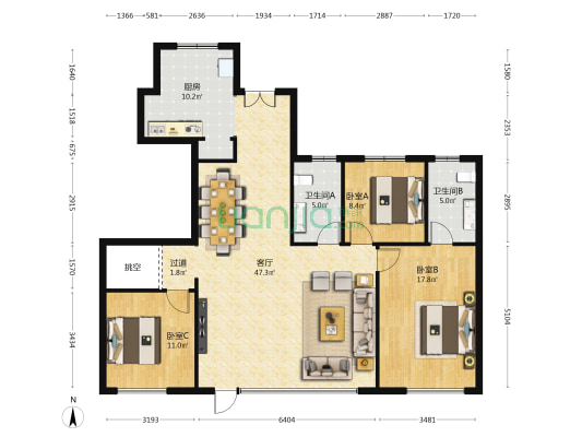 保利城 3室1厅2卫 143平方