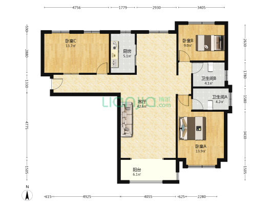 前排无遮挡 全天采光 南北通透 房本满二年-户型图