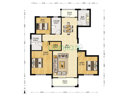 锦良嘉苑三区 3室1厅2卫 138平方