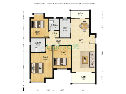 国润月湖郡 3室1厅2卫 125平方
