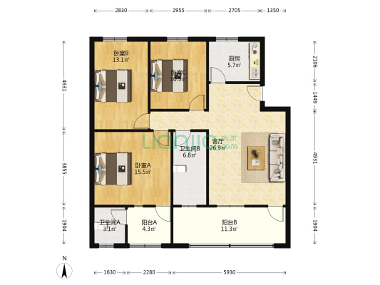 银源广进员工公寓 3室1厅2卫 104平方