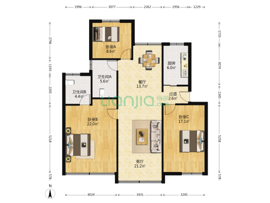 京华新村 3室2厅2卫 122平方