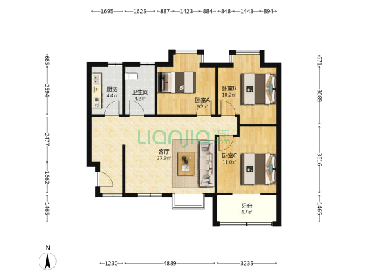 怡心花园 3室1厅1卫 84平方
