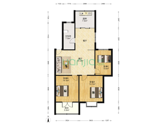 万方名城静心园 3室1厅1卫 90平方