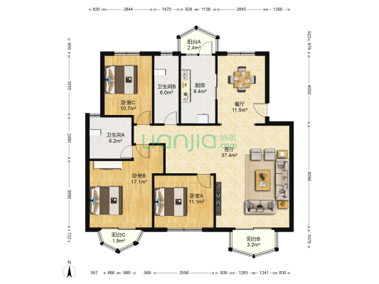 华夏花园 3室2厅2卫 137平方