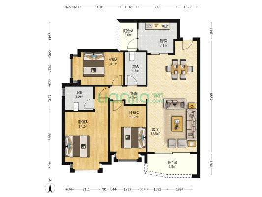 恒大金阳新世界观汖 3室1厅2卫 120平方