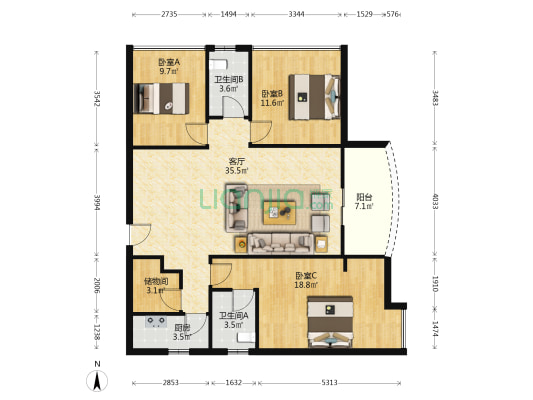 粮食大厦 3室1厅2卫 117平方