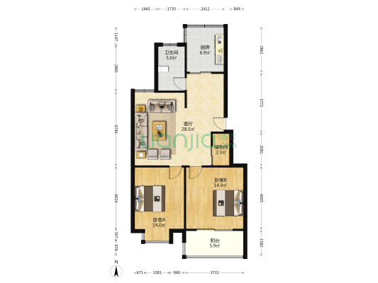 明通家园 2室1厅1卫 100平方