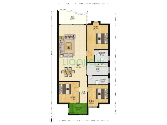丽景大厦 3室1厅2卫 138平方