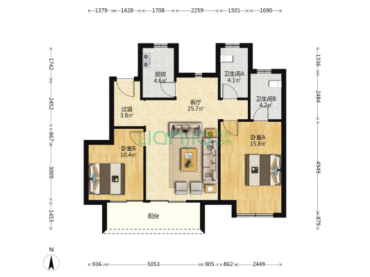 华侨城时光小镇 2室1厅2卫 98平方