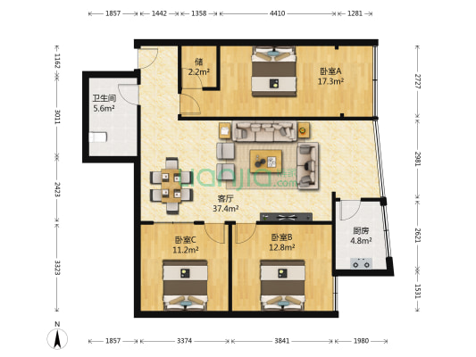 美居田园小区 3室1厅1卫 127平方