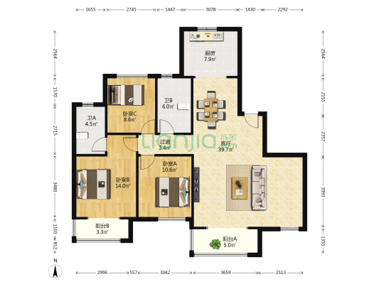 中国铁建洋湖垸 3室1厅2卫 142平方