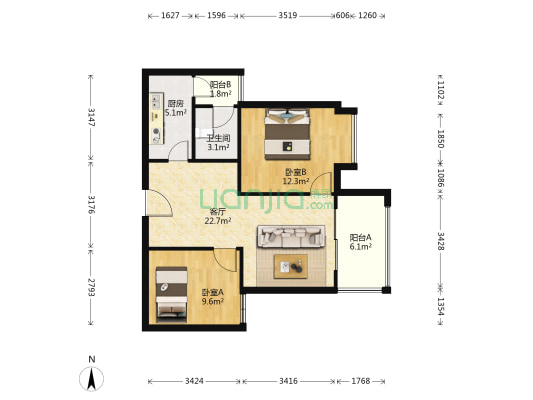 大源欢乐颂 2室1厅1卫 72平方