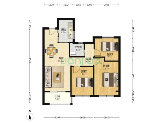 金陵星图 3室1厅1卫 87平方