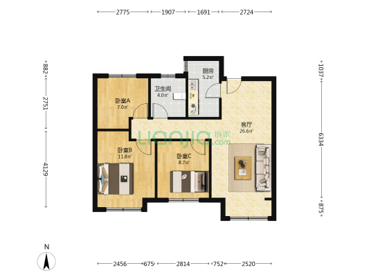 鸿坤理想尔湾 3室2厅 南 北-户型图