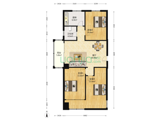 君宁大厦 3室1厅1卫 134平方