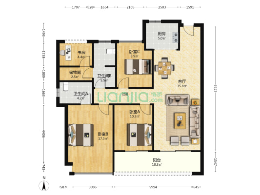 卓越伊景苑 4室1厅2卫 129平方