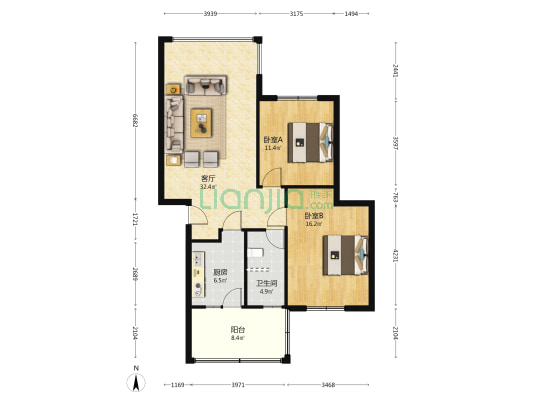 工商银行宿舍宝山街33号 2室1厅1卫 90平方