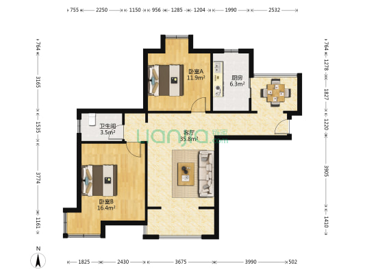 八方观园 2室1厅1卫 100平方