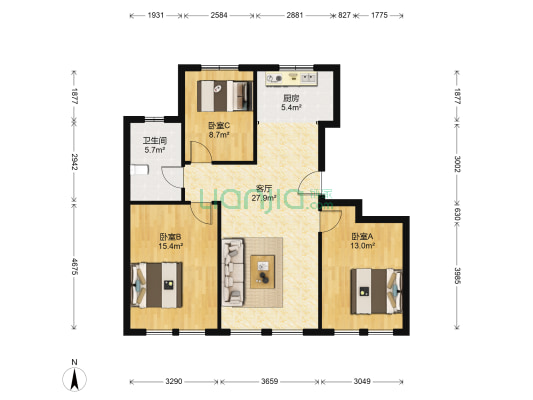格调绮园双迎公寓 3室1厅1卫 102平方
