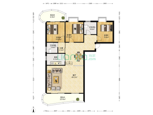 南北大厦 3室1厅2卫 138平方