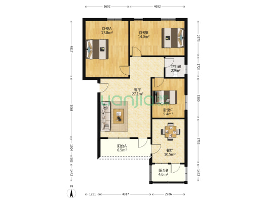 粮食局小区 3室2厅1卫 105平方