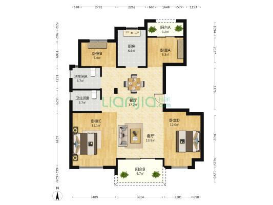 科大柳岸春风 4室2厅2卫 111平方