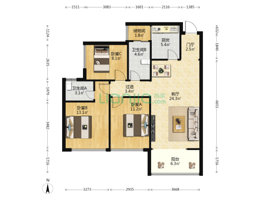 盛和花城一期 3室1厅2卫 102平方