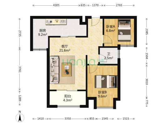首创光和城四期 2室1厅1卫 64平方