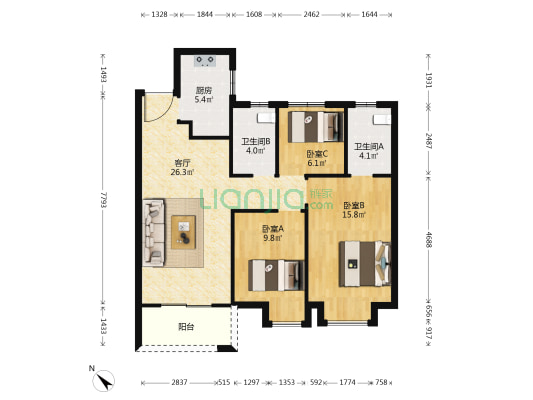 美的云筑 3室1厅2卫 102平方