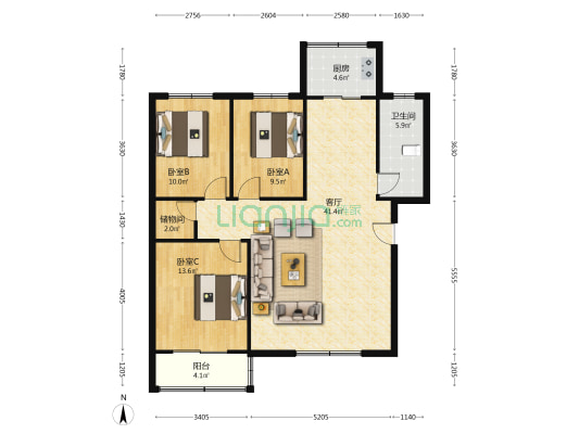 蓝天家园 3室1厅1卫 115平方