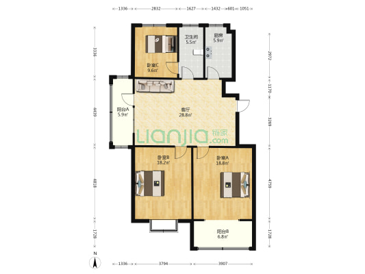 黄金湾府邸 3室1厅1卫 124平方