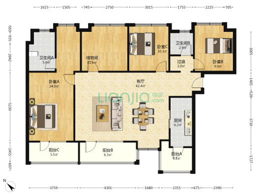 朗诗·上林熙华府2期 3室1厅2卫 158平方