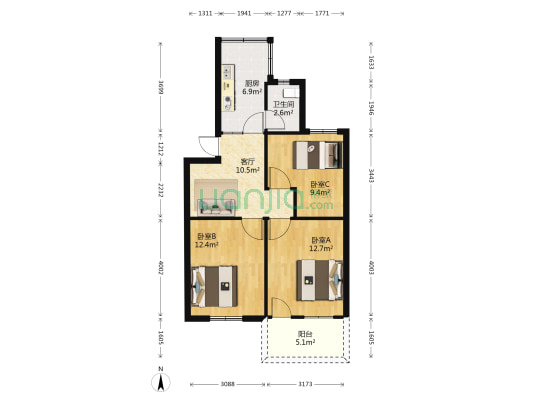 调味品小区 3室1厅1卫 69平方