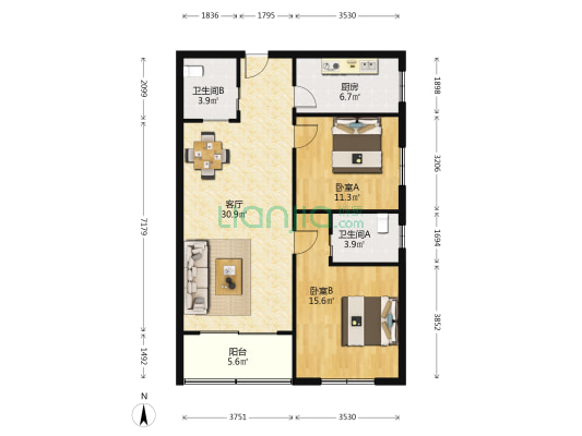 嘉瑞花苑 2室1厅2卫 107平方