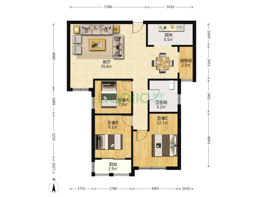 蓝天玖号院A区 3室1厅1卫 106平方