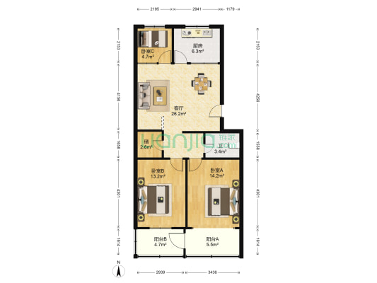 中科院兰州分院科苑一区 3室1厅1卫 102平方
