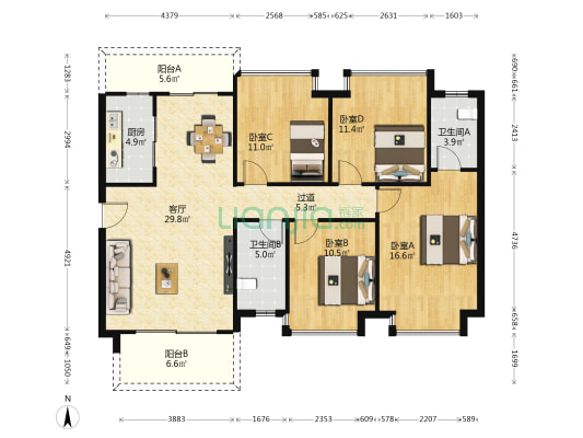 天悦家园 4室1厅2卫 137平方
