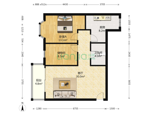 东辰苑 1室1厅1卫 87平方