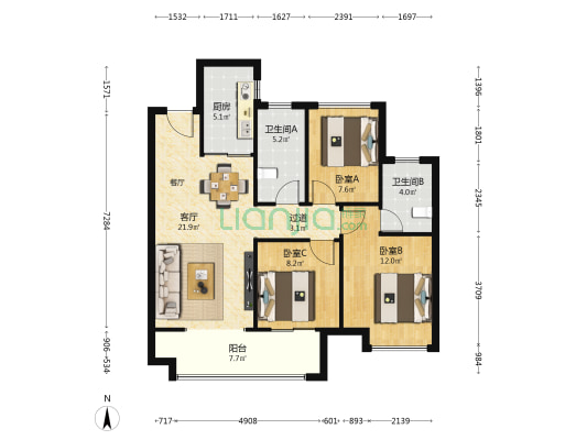 香榭庄园 3室1厅2卫 100平方