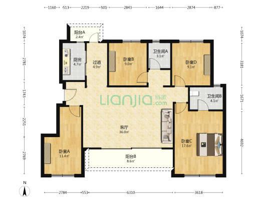 香门第世家 4室1厅2卫 129平方