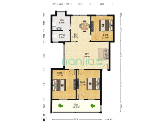 蓝天花园 3室2厅1卫 119平方