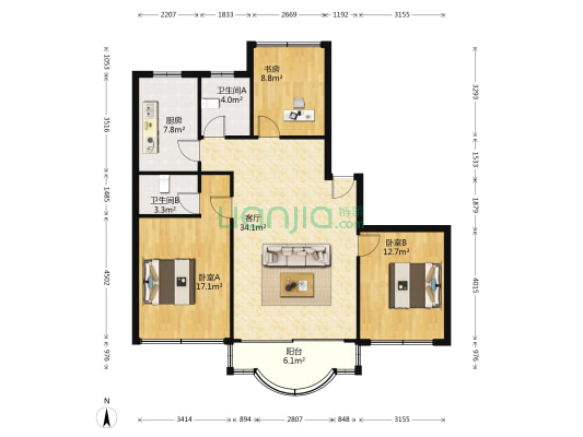 山涧苑 3室1厅2卫 113平方