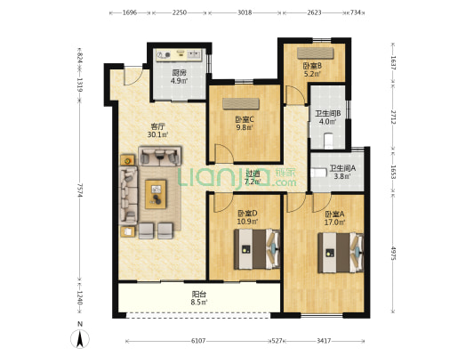 旭辉瓯江城 4室1厅2卫 89平方